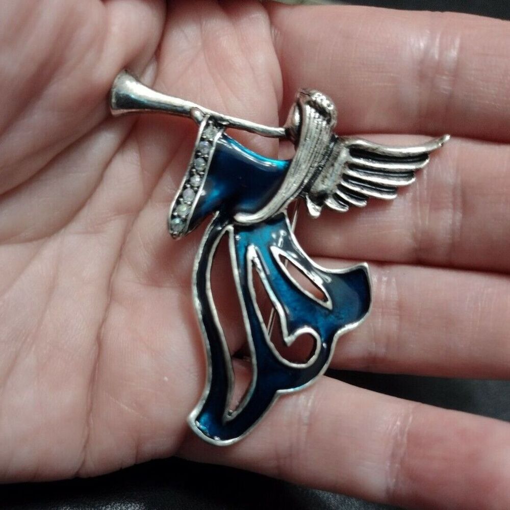 Vintage silver tone angel brooch blue iridescent